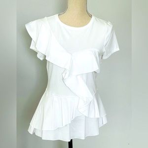 NWT WHITE HOUSE BLACK MARKET WHBM WHITE PARTY RUFFLE TEE WOVEN PEPLUM TOP